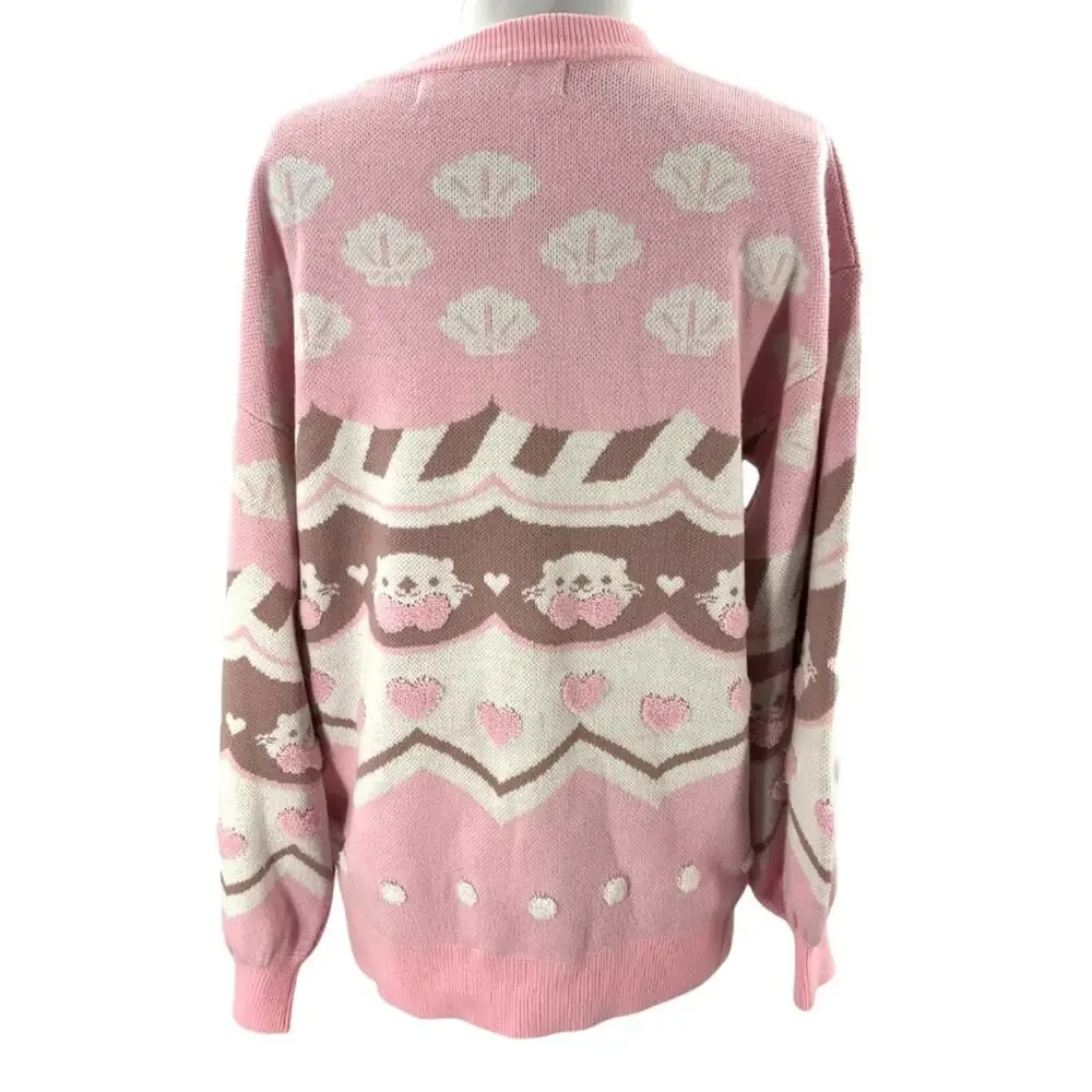 Jeana Draws pink Lakko the Otter crewneck sweater kawaii sz L XL